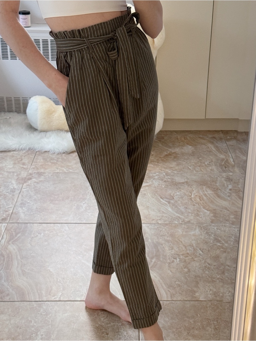 Olive Striped Paperbag Waist Pants XS